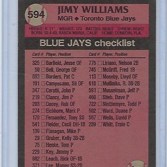1989 American League Manager Jimy Williams - Toronto Blue Jays - Topps - Picture 2 of 2